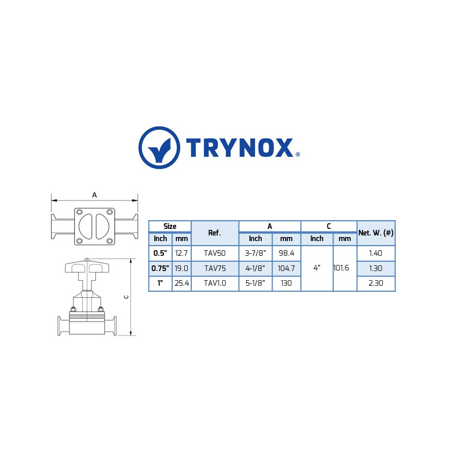 Válvula Diafragma 02 Vías Clamp Trynox-2